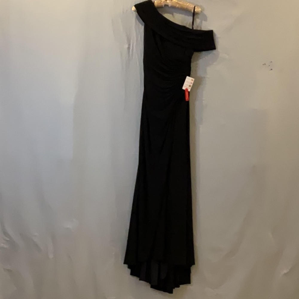 Ieena for Mac Duggal -Navy Foldover Off the Shoulder Slit Gown - Picture 5 of 14